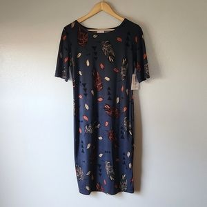 LuLaRoe NWT Medium Julia - Grey with Orange and tan feathers